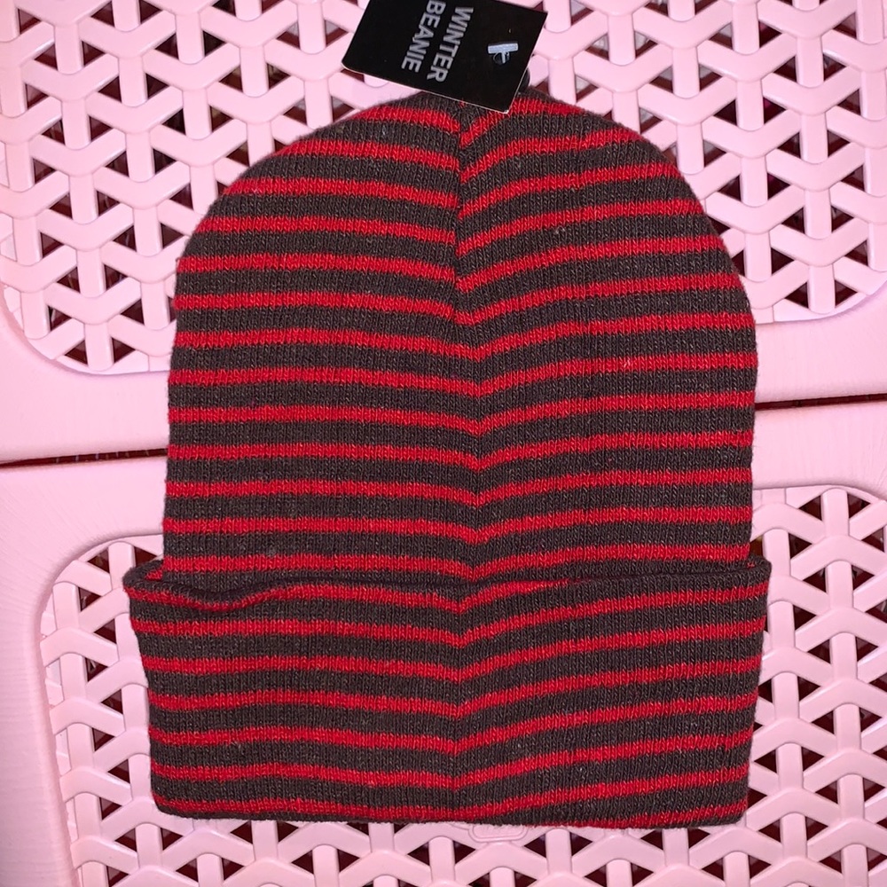 Red and gray stripped winter beanie